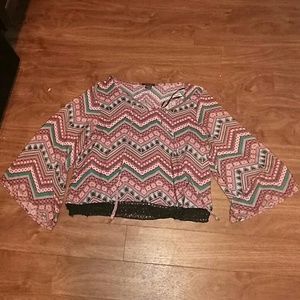 Imagining Voyage boho bell sleeve top w/ lace hem